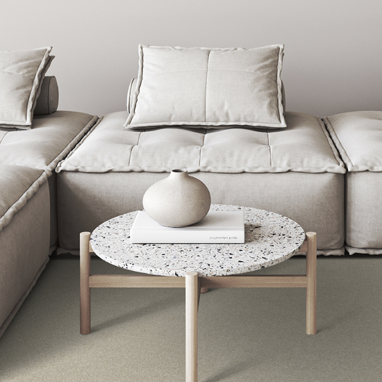 Zen like calm in a minimalist space. A neutral-toned modular sofa, terrazzo coffee table, and textured rug in a serene 3d render living room setting Килимове покриття Decor Lano 3 - Зображення 1